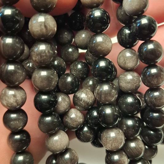 Perles Obsidienne Argentée 9mm, corde 40cm perles rondes naturelles