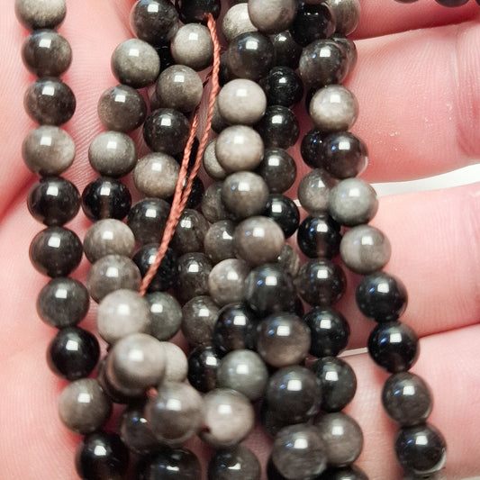 Perles Obsidienne Argentée 6mm, corde 40cm perles rondes naturelles